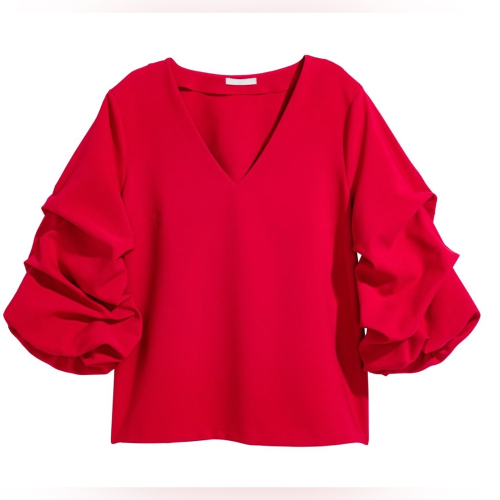 🛍️H&M - Red- V-neck blouse with  bell sleeves- Size: 4